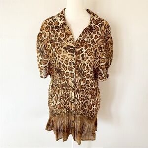 Vintage Women Y2K Leopard Print Sequin Sheer Button Up Top 2X Whimsy Maximalist
